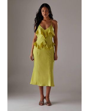 Warehouse Ruffle Detail Bias Satin Dress - Green
