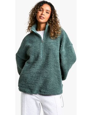 Boohoo Nylon Detail Half Zip Oversized Borg Sweatshirt - Green