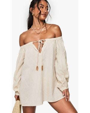 Boohoo Linen Beaded Bardot Beach Dress - Natural