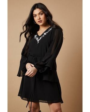 Oasis Embroidered Ruffle Tier Mini Dress - Black