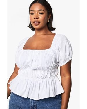 Boohoo Plus Cotton Shirred Off The Shoulder Top - White