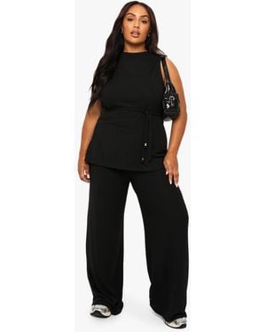 Boohoo Plus Brushed Tunic Tie Belt Top And Wide Leg Trouser - Black