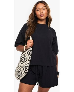 Boohoo Plus Textured Rib T-Shirt & Short Co Ord - Black