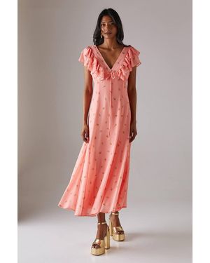 Warehouse Floral Frill Tie Front Midi Tea Dress - Pink