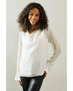 Wallis Cowl Neck Shadow Stripe Collared Blouse - White