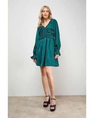 Oasis Lace Trim Gathered V Neck Mini Dress - Green