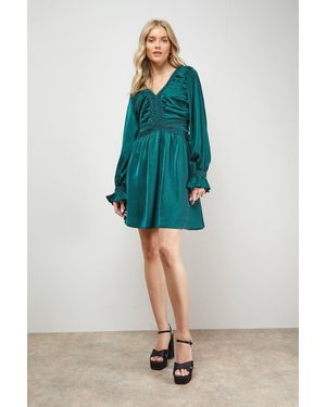 Oasis Lace Trim Gathered V Neck Mini Dress - Green