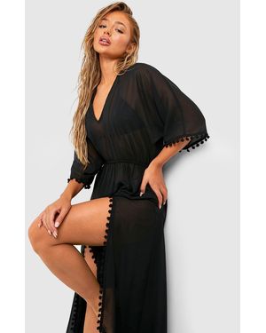 Boohoo Pom Pom Split Sides Maxi Beach Kaftan - Black