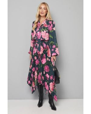 Wallis Petite Floral Tie Neck Pleated Midi Dress - White
