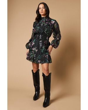 Oasis Border Print Organza Shirred Waist Tie Back Mini Dress - Black