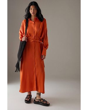 Warehouse Satin Batwing Split Side Midi Shirt Dress - Orange