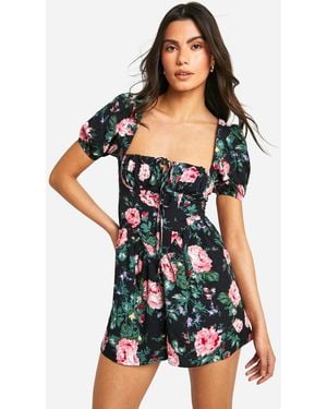 Boohoo Floral Milkmaid Puff Romper - Black