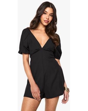 Boohoo Linen Tie Back Puff Sleeve Playsuit - Black