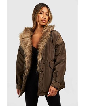 Boohoo Faux Fur Trim Parka - Brown