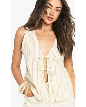Boohoo Stripe Linen Look Tie Front Waistcoat - White