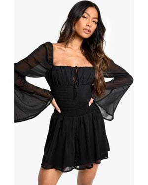 Boohoo Chiffon Shirred Playsuit - Black