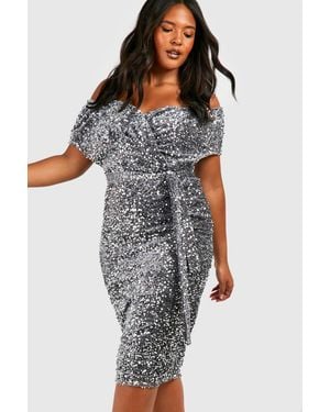 Boohoo Plus Sequin Off The Shoulder Wrap Midi Dress - Gray