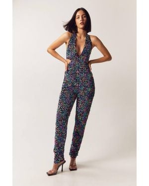 Nasty Gal Neon Sequin Velvet Cut Out Halter Neck Jumpsuit - Black