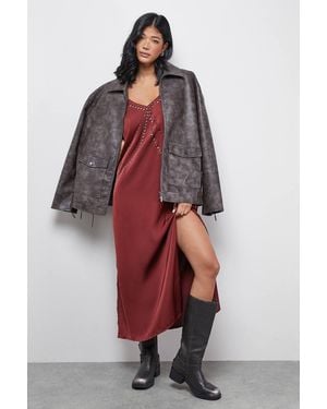 Warehouse Premium Stud Embellished Strappy Cami Slip Dress - Red