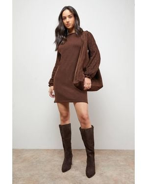 Oasis Slash Neck Sleeve Detail Sweater Dress - Brown