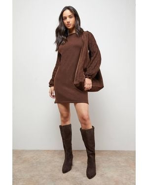Oasis Slash Neck Sleeve Detail Sweater Dress - Brown