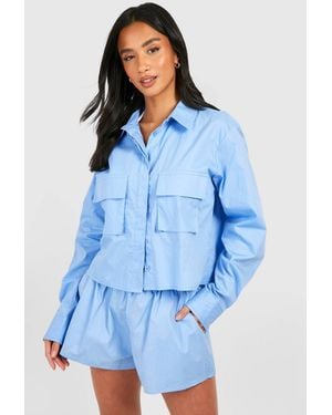 Boohoo Petite Cargo Pocket Cotton Beach Shirt - Blue