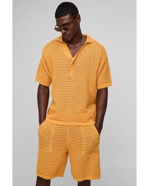 Boohoo Oversized Open Stitch Extended Placket Knitted Polo Set - Orange
