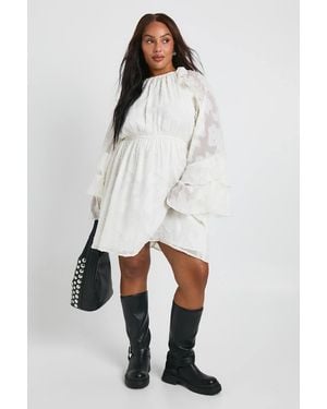 Boohoo Plus Burnout Floral Ruffle Smock Dress - White