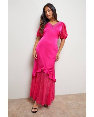 Oasis Petite Plain Lace Frill Detail Puff Sleeve Midi Dress - Pink