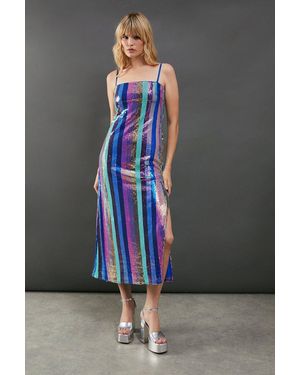 Warehouse Sequin Stripe Strappy Split Side Midi Dress - Gray