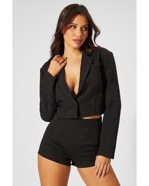 MissPap Diamante Embellished Crop Blazer - Black