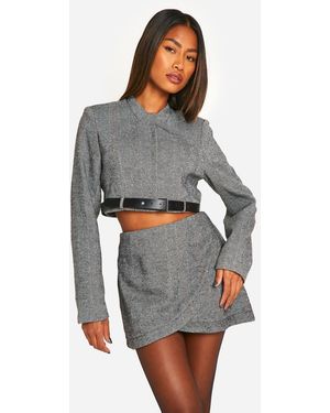 Boohoo Herringbone Wrap Front Mini Skirt - Gray