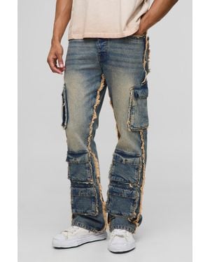 BoohooMAN Slim Flared Multi Cargo Washed Jeans - Blue