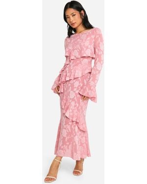 Boohoo Petite Jacquard Floral Ruffle Midaxi Dress - Pink