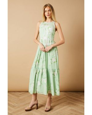 Oasis Printed Stud Embellished Trim Maxi Dress - Green