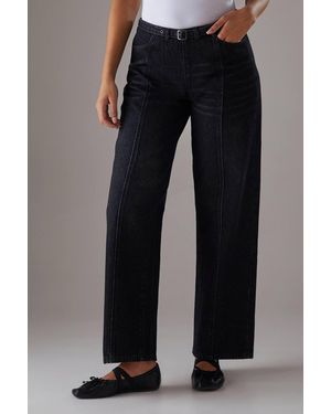 Warehouse Denim Low Rise Seam Detail Belted Wide Leg Jean - Black