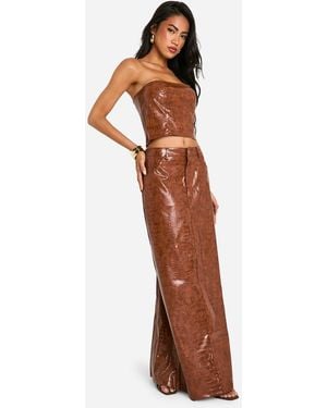 Boohoo Croc Look Faux Leather Maxi Skirt - Brown