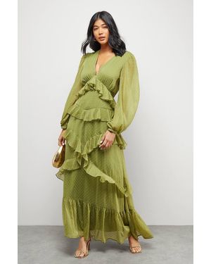 warehouse tulle floral plunge neck flutter sleeve tier maxi dress Warehouse Tulle Floral Plunge Neck Flutter Sleeve Tier Maxi Dress in Blue