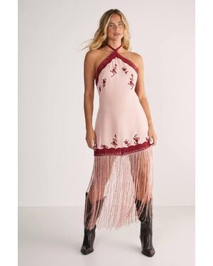 Nasty Gal Beaded Halter Fringe Mini Dress in Pink
