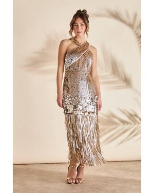 Coast Sequin Tassel Halter Neck Dress - Natural