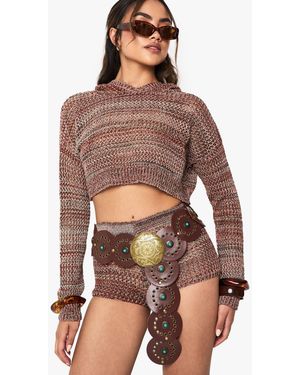 Boohoo Crochet Lightweight Hooded Sweater - Brown