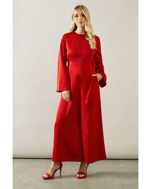 Wallis Petite Trumpet Sleeve Wide Leg Crepe Jumpsuit - Red