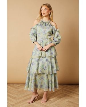 Oasis Cold Shoulder Metallic Maxi Ruffle Tier Dress - Green