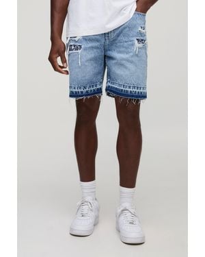 BoohooMAN Slim Rigid Bandana Rip And Repair Denim Shorts - Blue