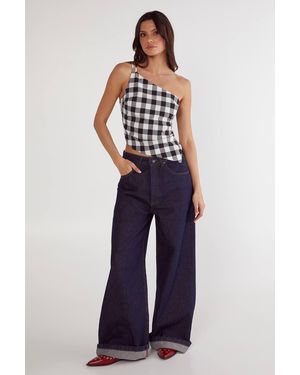 Nasty Gal Gingham Tailored Asym Neck Top - Blue