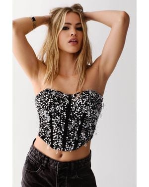 Nasty Gal Mesh Hand Embellished Droplet Corset Top - Black