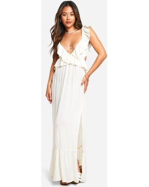 Boohoo Cheesecloth Ruffle Plunge Maxi Dress - White