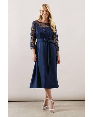 Wallis Petite Occasion Satin And Mesh Overlay Fit And Flare Dress - Blue