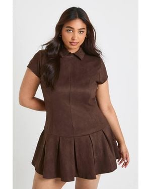 Boohoo Plus Faux Suede Short Sleeve Pleated Mini Dress - Brown