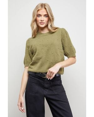 Oasis Pearl Embellished Crew Neck Puff Sleeve Knit Top - Green